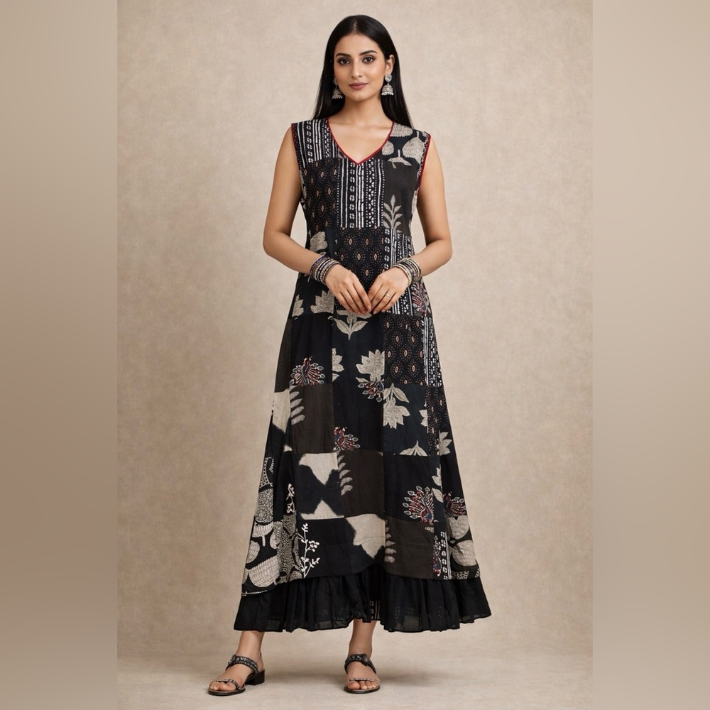 Pure Cotton A-line Black and Cream Patchwork Kurta